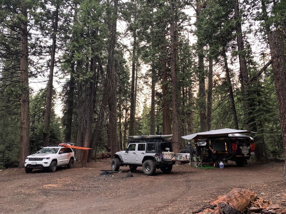 Overland EastBay group camp in Tahoe National Forest with rigs, awnings, and rear camp kitchen among tall conifers