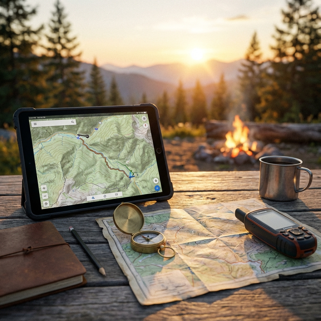 Overland navigation tools including tablet, map, and compass